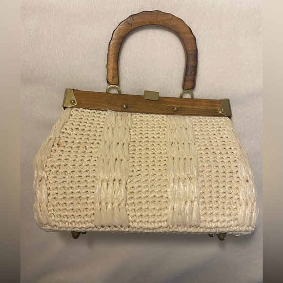 Handbags - Elegant Gaymade Cream Woven Handbag with wooden handle